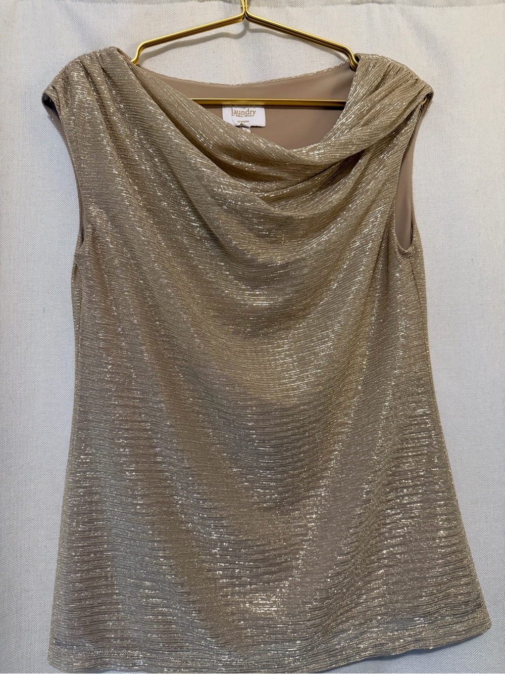 Laundry By Shelli Segal Metallic Taupe Drape Neck Sleeveless Top